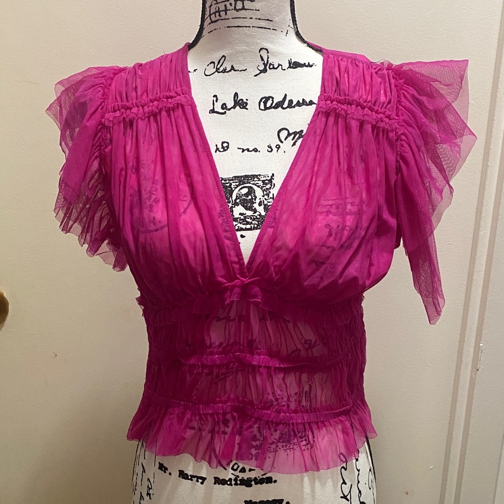 Free People Fuchsia Sheer Ruffle Blouse